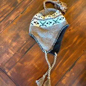 Knitted winter hat with ear flaps, Fleece lined. Brown, Cream and Black